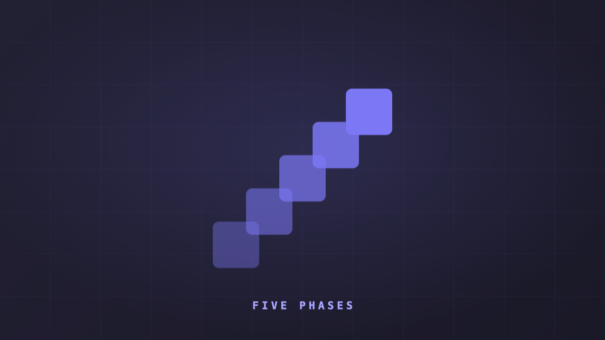 Five squares climbing like stairs on Galileo14's violet background